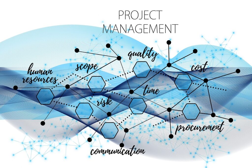 Project management elements interconnected with network graphics