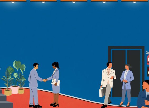 Illustration of people in business attire in a building lobby